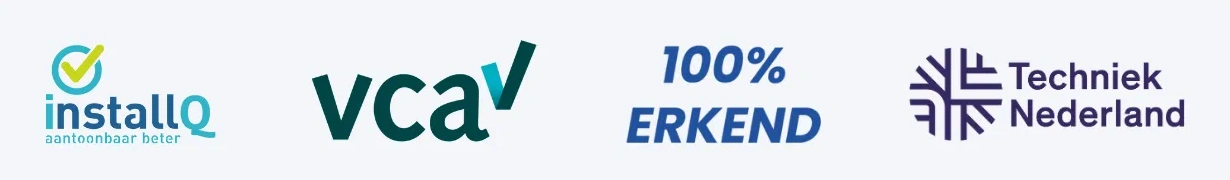 Certificeringen van Horst Energy Solutions: InstallQ, VCA, 100% Erkend en Techniek Nederland