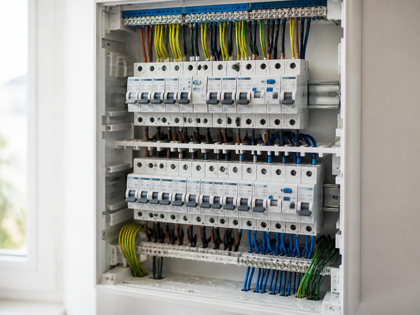 Moderne 3-fase groepenkast met netjes afgemonteerde, gelabelde bedrading