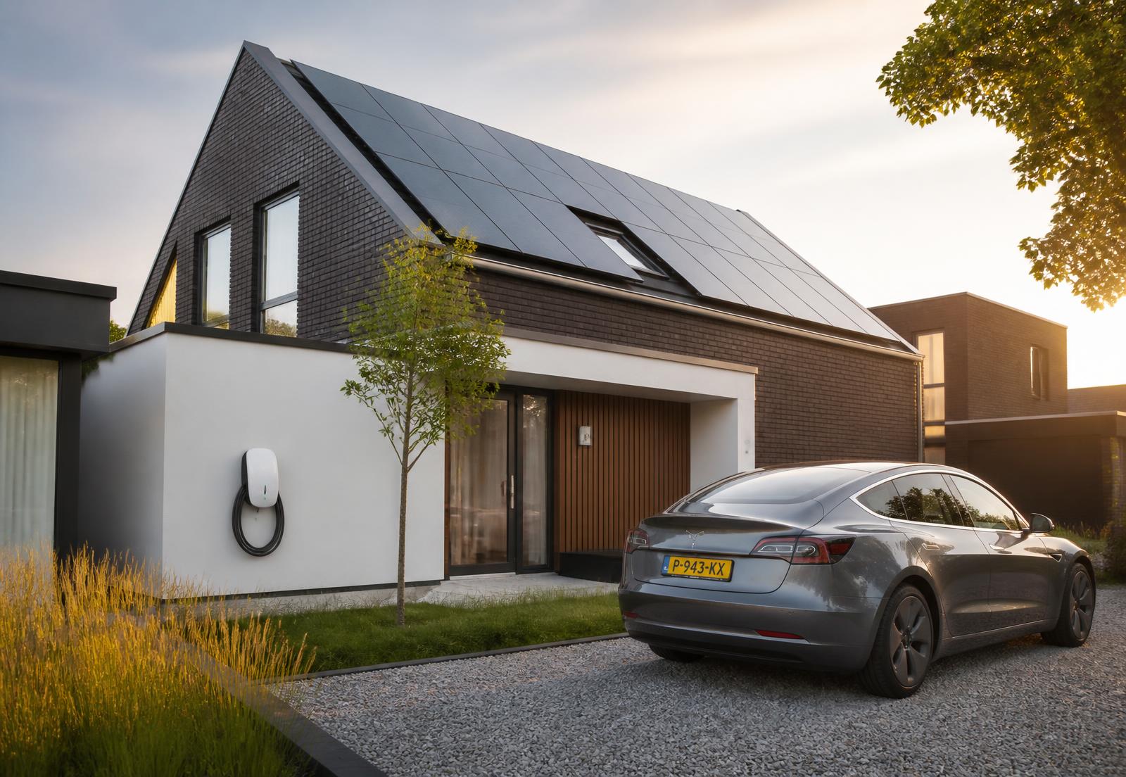 Woning met zonnepanelen op het dak en een laadpaal met elektrische auto op de oprit