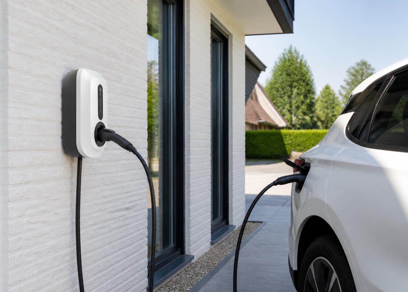 Witte laadpaal aan de gevel van een woning met aangesloten elektrische auto